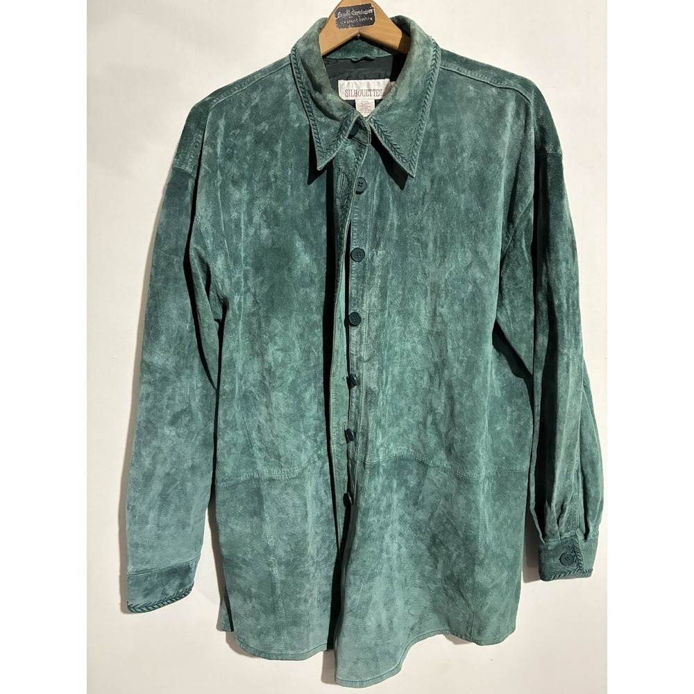 VTG Silhouettes Teal Suede Long‎ Button Jacket Womens 1X